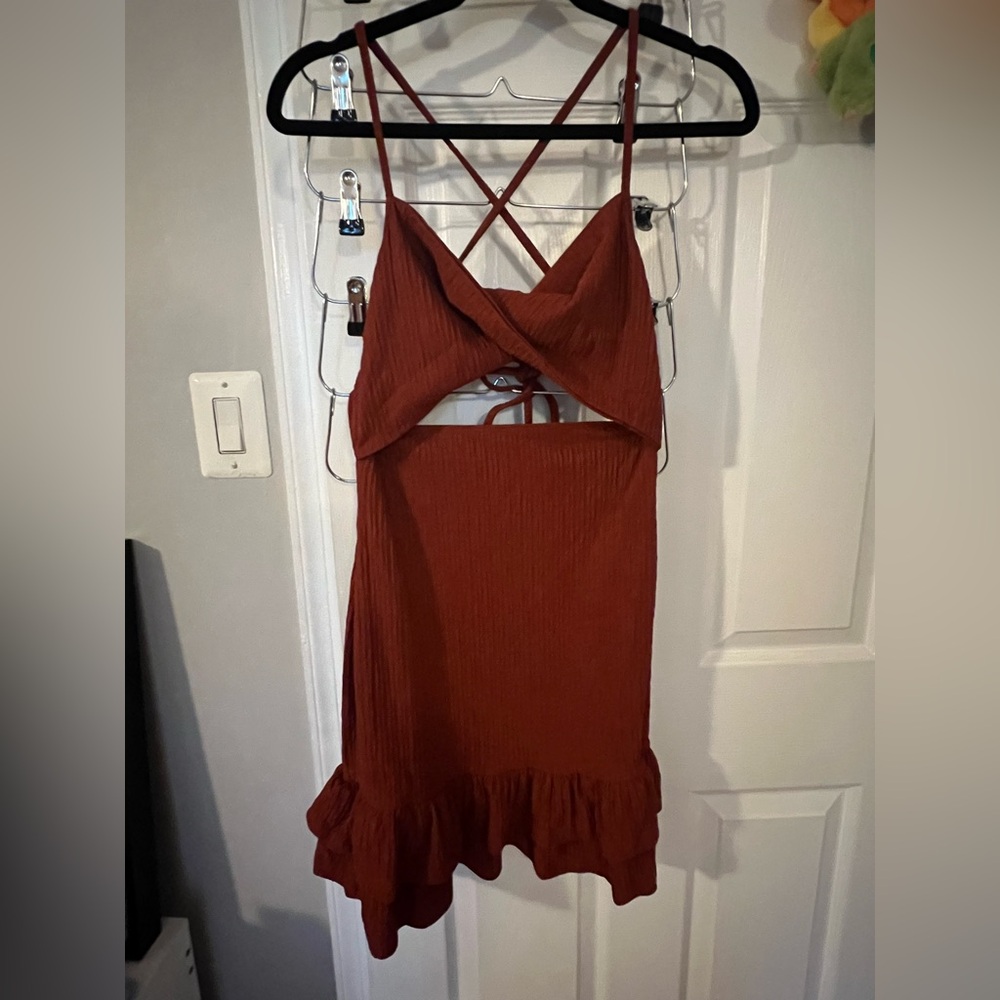 Rust Red Crinkle Ruffle-Hem Mini Dress with Crossback